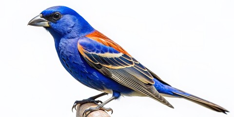 Vibrant blue grosbeak with black wings and distinctive silver bill sits upright on a pure white background, showcasing its striking plumage and charming demeanor.