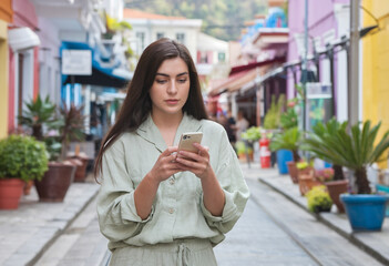 Cheerful young Indian woman standing in a bustling city street, dressed in a green traditional outfit and carrying a backpack, using her mobile phone.