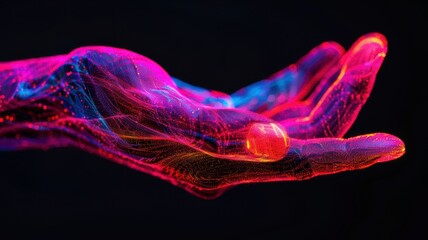 Abstract digital hand with glowing neon light streams in a futuristic design with vibrant hues.