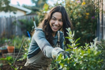 Joyful woman tending to plants in her garden