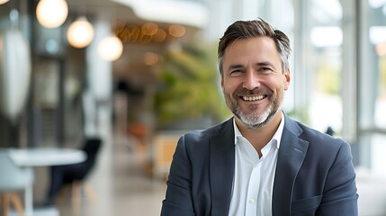 Fototapeta premium Smiling Mid Adult Businessman in Corporate Office, Business Theme, Professional Portrait Shot