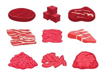 Set of fresh meet cartoon collection, Assortment of meat slices of dish. Minced meat, diced raw beef, chopped cube lamb product uncooked forcemeat from grinder, isolated on white background.