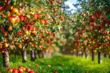 A row of vibrant apple trees in a sunny orchard, their branches heavy with ripe apples in shades of red, green, and yellow