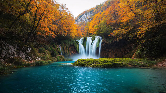 Majestic Waterfall Surrounded by Vibrant Autumn Foliage Reflecting in Crystal Clear Blue Water of a Serene Natural Landscape in the Heart of Nature