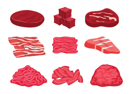 Set of fresh meet cartoon collection, Assortment of meat slices of dish. Minced meat, diced raw beef, chopped cube lamb product uncooked forcemeat from grinder, isolated on white background.