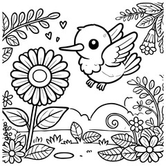 Adorable Cartoon Hummingbird Flying Near a Flower in a Floral Garden Scene Coloring Page for Kids