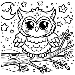 Charming Owl Sitting on a Branch Surrounded by Stars and Moon Black and White Coloring Illustration