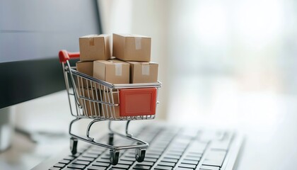 Online shopping concept with a shopping cart full of boxes placed on a computer keyboard, symbolizing e-commerce.