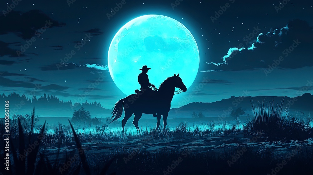 Canvas Prints Silhouette of a cowboy man riding horse in the night, huge blue full moon background. Fantasy landscape vector design illustration. Surreal dramatic nature hand-drawn style modern 3d digital fine art.