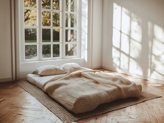 A small, uncluttered bedroom with a low mattress on the floor, a single blanket, and a window that frames the outside world, embracing simplicity.