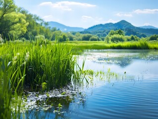 Obraz premium Lush Wetland Ecosystem Project Enhancing Habitat and Water Purification for Wildlife