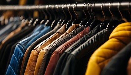 A vibrant collection of leather jackets displayed on hangers, showcasing various colors and styles in a retail setting.