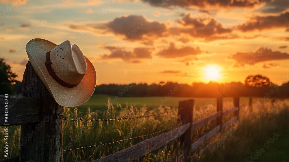 Sticker sunset over a rural landscape with a cowboy hat hanging on a wooden fence, depicting serene countrys