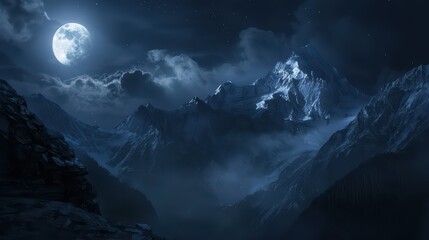 Obraz premium Moonlit Mountains Wallpaper. A dark mountain range under a moonlit sky.