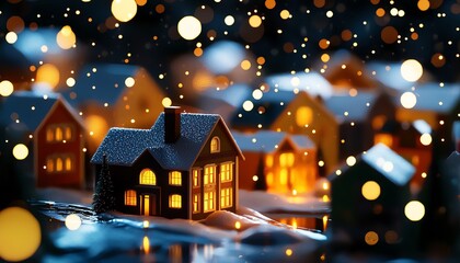 Fototapeta premium A cozy winter scene featuring illuminated houses with soft snow falling, creating a magical, festive atmosphere.