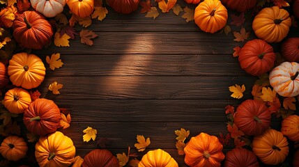 A festive arrangement of pumpkins and leaves on a wooden surface, perfect for autumn or harvest-themed designs.