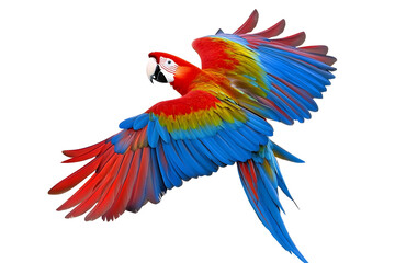 Fototapeta premium Isolated scarlet macaw parrot in flight, with a plain white backdrop