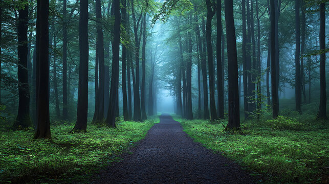 Enchanted Forest Pathway Through Dense Misty Trees Illuminated by Soft Natural Light Creating a Mystical Atmosphere