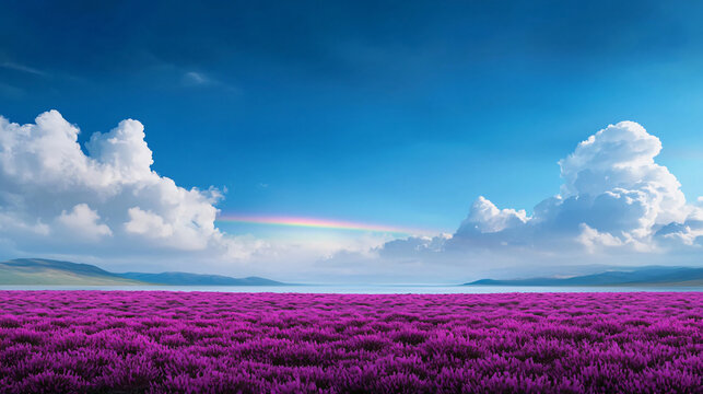 Breathtaking Lavender Fields Under a Vibrant Blue Sky with White Fluffy Clouds and a Glorious Rainbow in the Distance Inviting Nature Lovers to Explore