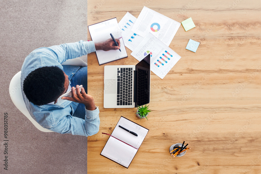 Poster office workspace top view. busy businessman working at wooden desk using laptop, talking on phone an