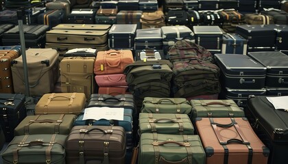 Fototapeta premium Airport scene with a large pile of suitcases and luggage