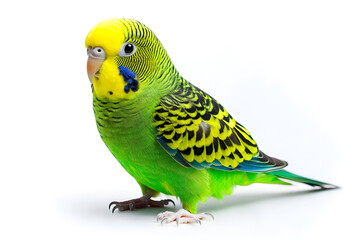 Fototapeta premium A vibrant green budgie stands alone on white backdrop. The budgerigar, also known as a wavy parrot 