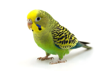 Fototapeta premium A vibrant green budgie stands alone on white backdrop. The budgerigar, also known as a wavy parrot 
