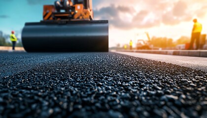 A close-up view of a road roller working on freshly laid asphalt under a beautiful sunset. Construction site in action.