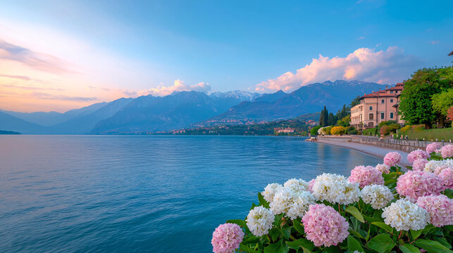 Breathtaking Sunrise Over Tranquil Lake with Colorful Hydrangeas Framing the Scenic Mountains in the Background