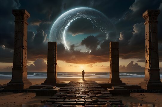 Mesmerizing scene of a glowing portal in the sky, with a suspended translucent hourglass of golden sand. The landscape below spans eras from ancient ruins to futuristic cities, symbolizing time travel