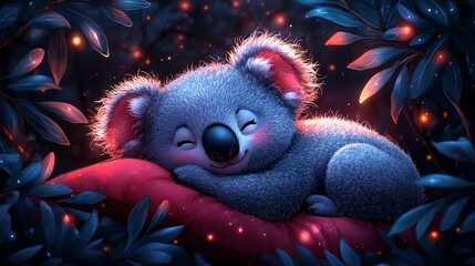 A Sleepy Koala Resting on a Pillow in a Forest at Night