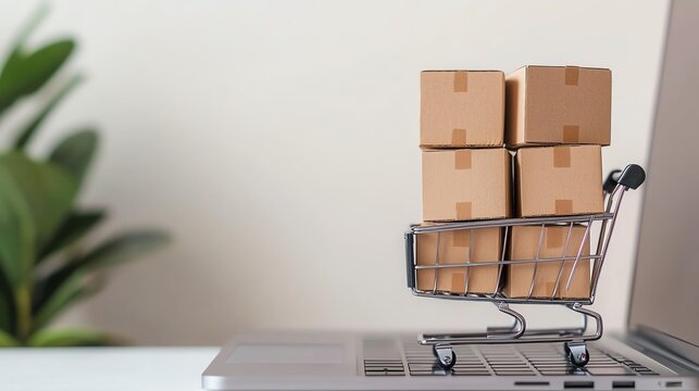 Shopping concept with a mini cart and cardboard boxes on a laptop, symbolizing online shopping and e-commerce.