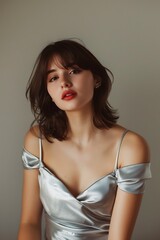 Fototapeta premium Sophisticated Model in a Silver Satin Dress on a Plain Beige Backdrop, Portrait Shot, Full Body Shot, Fashion, Chic