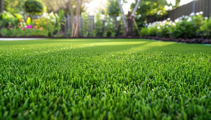 Lush green artificial grass lawn with blurred garden in background
