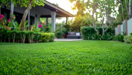 Fototapeta premium Green grass lawn with blurred house and garden in the background