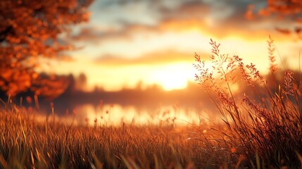 Naklejka premium A serene autumn sunset view reflecting on calm waters, framed by golden foliage and soft grasses, embracing nature's beauty.