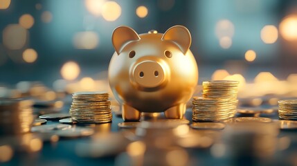 Golden Piggy Bank and Stacked Coins Symbolizing Financial Security and Savings