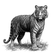 Obraz premium A Detailed Sketch of a Tiger Standing in Grassland. Generative AI