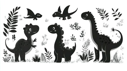 Black and White Illustration of Dinosaurs in a Garden