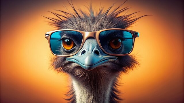 Stylish emu ostrich hybrid bird wears trendy sunglasses, standing confidently on a uniform solid-colored background, providing ample copy space for creative advertising possibilities.