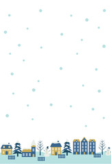 寒中見舞いはがき、かわいい、イラスト、街並み、冬、雪、縦、昼