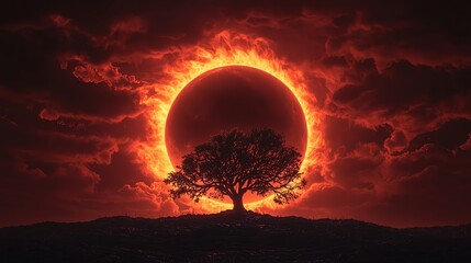 Fototapeta premium Stunning view of a majestic tree silhouetted against a fiery solar eclipse in a dramatic sky.