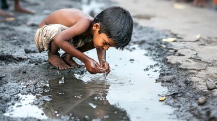poor little boy drinking dirty water