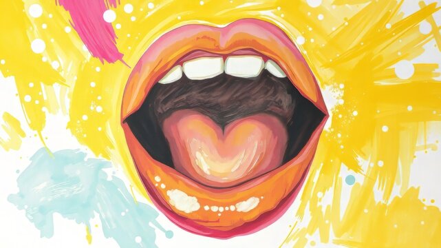 A bright, airy canvas features a bold, expressive stroke in bold black paint, forming an open-mouthed shape, with