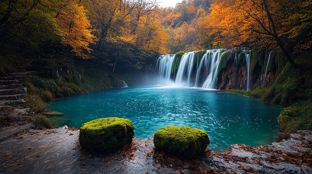 Enchanting Autumn Waterfall Surrounded by Vibrant Foliage and Serene Blue Waters in a Picturesque Landscape
