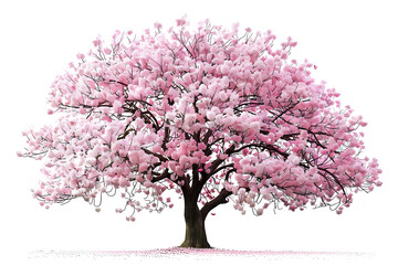 Sakura tree with pink blossoms stands alone against a white background
