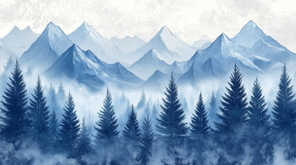 Fototapeta premium Pine Trees and Snowy Mountains: A winter-themed pattern with tall pine trees and snowy mountain peaks, arranged in a repetitive landscape. The trees and mountains are depicted with