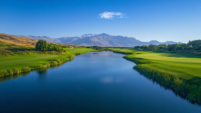 Scenic Idyllic Golf Course with Lush Greens and Serene Lake Mirroring the Majestic Mountain Landscape Under a Clear Blue Sky