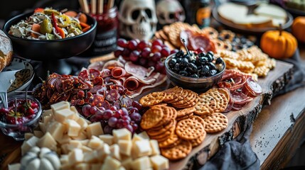 Fototapeta premium Spooky Halloween charcuterie board with cheese, grapes, salami, olives, crackers and more.