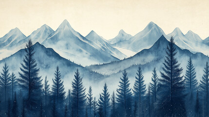 Fototapeta premium Pine Trees and Snowy Mountains: A winter-themed pattern with tall pine trees and snowy mountain peaks, arranged in a repetitive landscape. The trees and mountains are depicted with